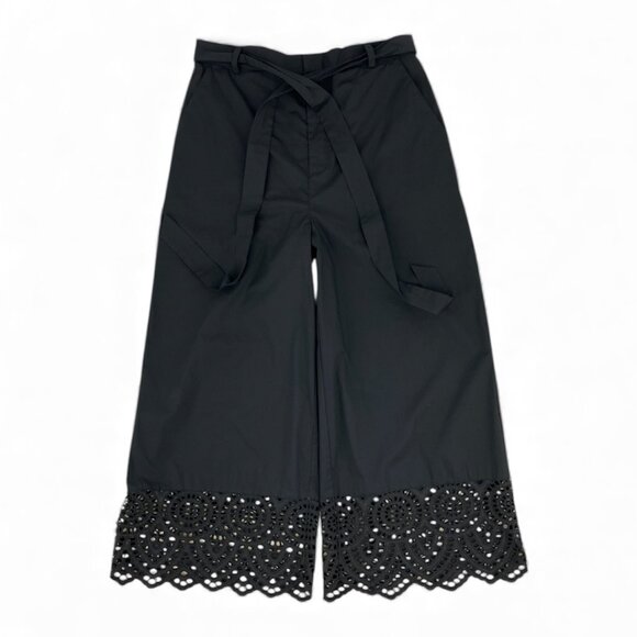 Halston Black Lace Hem Wide Leg Cropped Pants Sz M - Picture 2 of 12